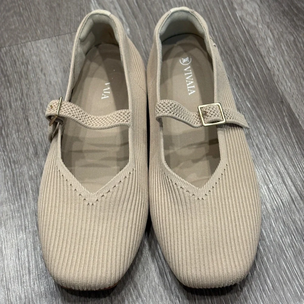 VIVAIA Margot Square-Toe Mary Jane Almond Ribbed Knit Flat Preppy Minimalist 8.5 - Picture 2 of 9